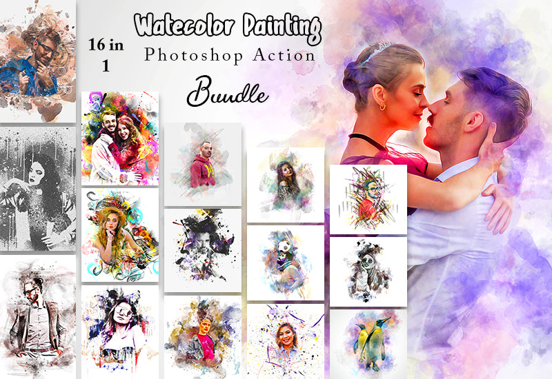 16 Watercolor Painting Photoshop Action Bundle - Artixty