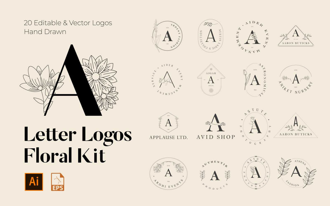 520 A to Z Floral Handmade Logos Bundle