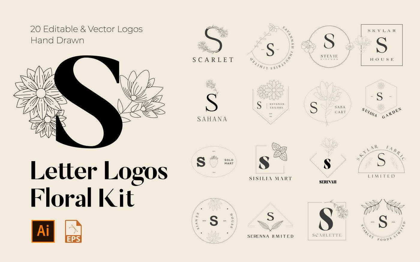 520 A to Z Floral Handmade Logos Bundle