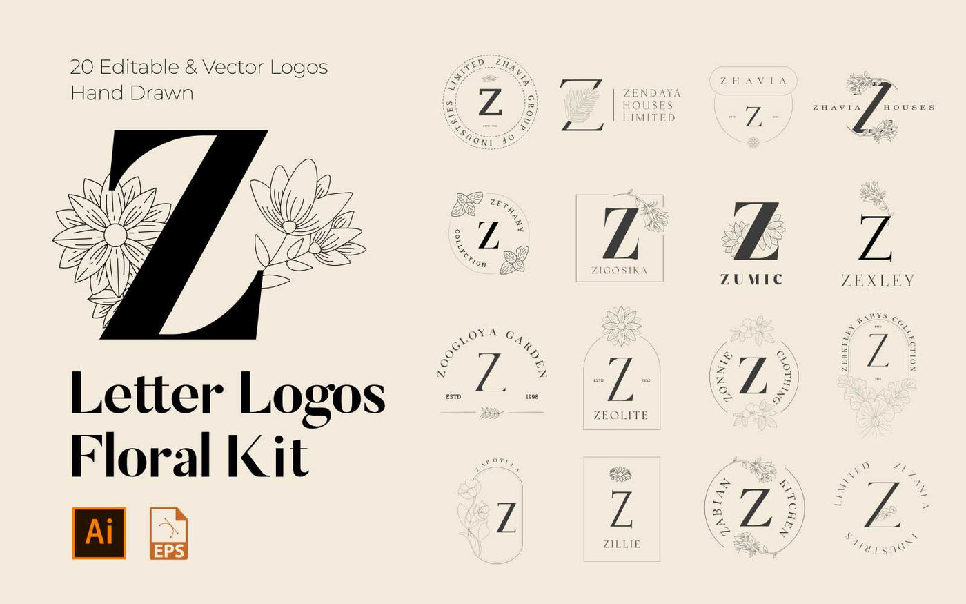 520 A to Z Floral Handmade Logos Bundle